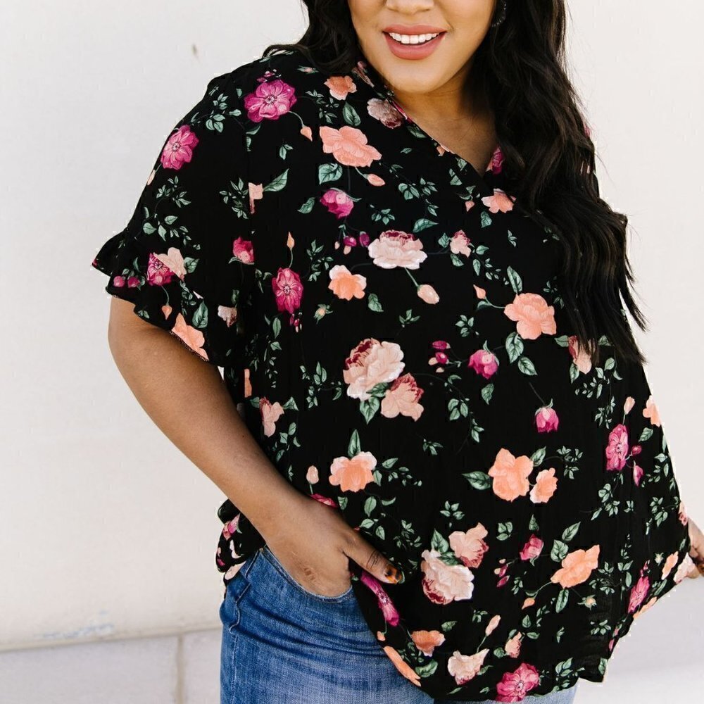 ninexis Black Blouse w/ Orange & Pink Flowers - Picture 2 of 5